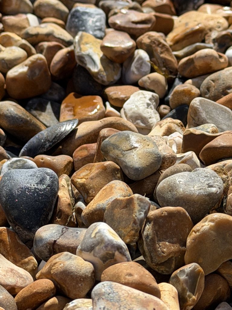 Close-up of warm-toned pebbles in rust, ochre and grey